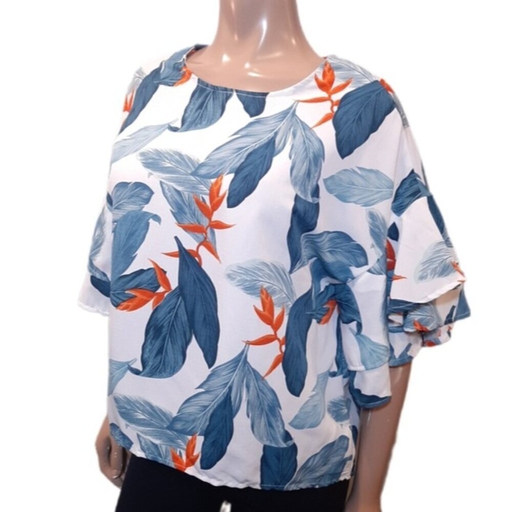 NEW Streetwear Society Tropical Floral Blouse Ruffled Tiered Sleeve Top Large